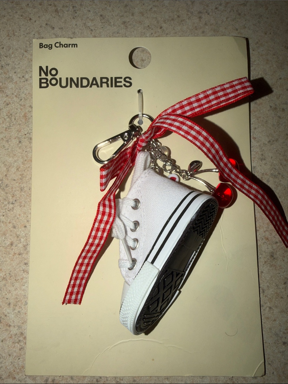 No Boundaries White Mini Sneaker Bag Charm with Red Gingham Ribbon